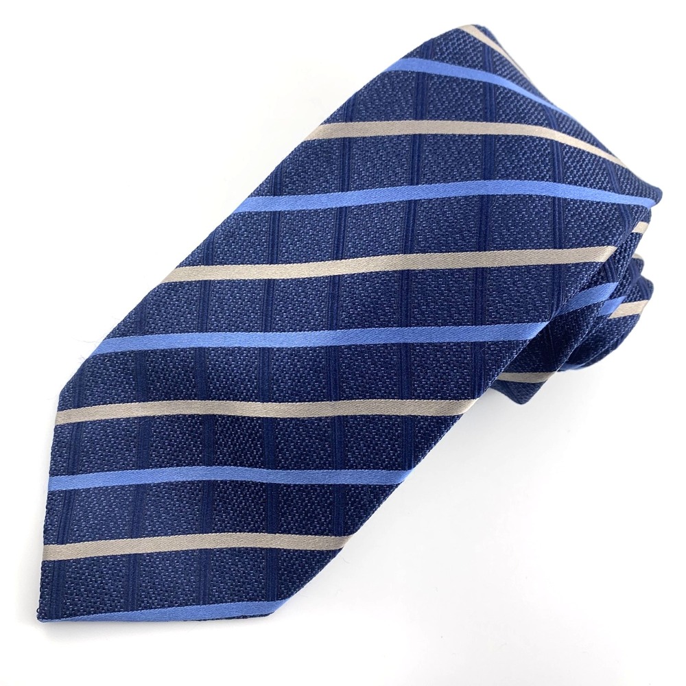 Tasso Elba SPA Mens Tie Navy w Lt Blue Silver Stripes 100% Silk Neckwear LONG
